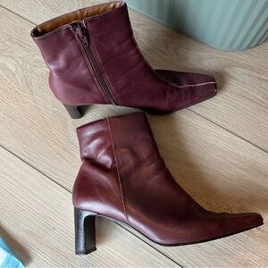 Burgundy Square Toe Leather Ankle Boots